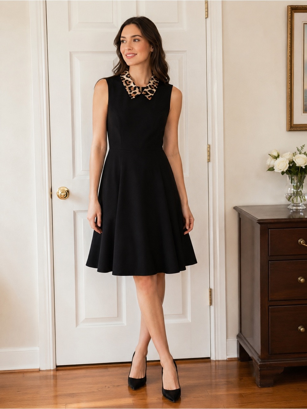 Kate Spade Rissa Leopard Collar Fit And Flare Dress Black